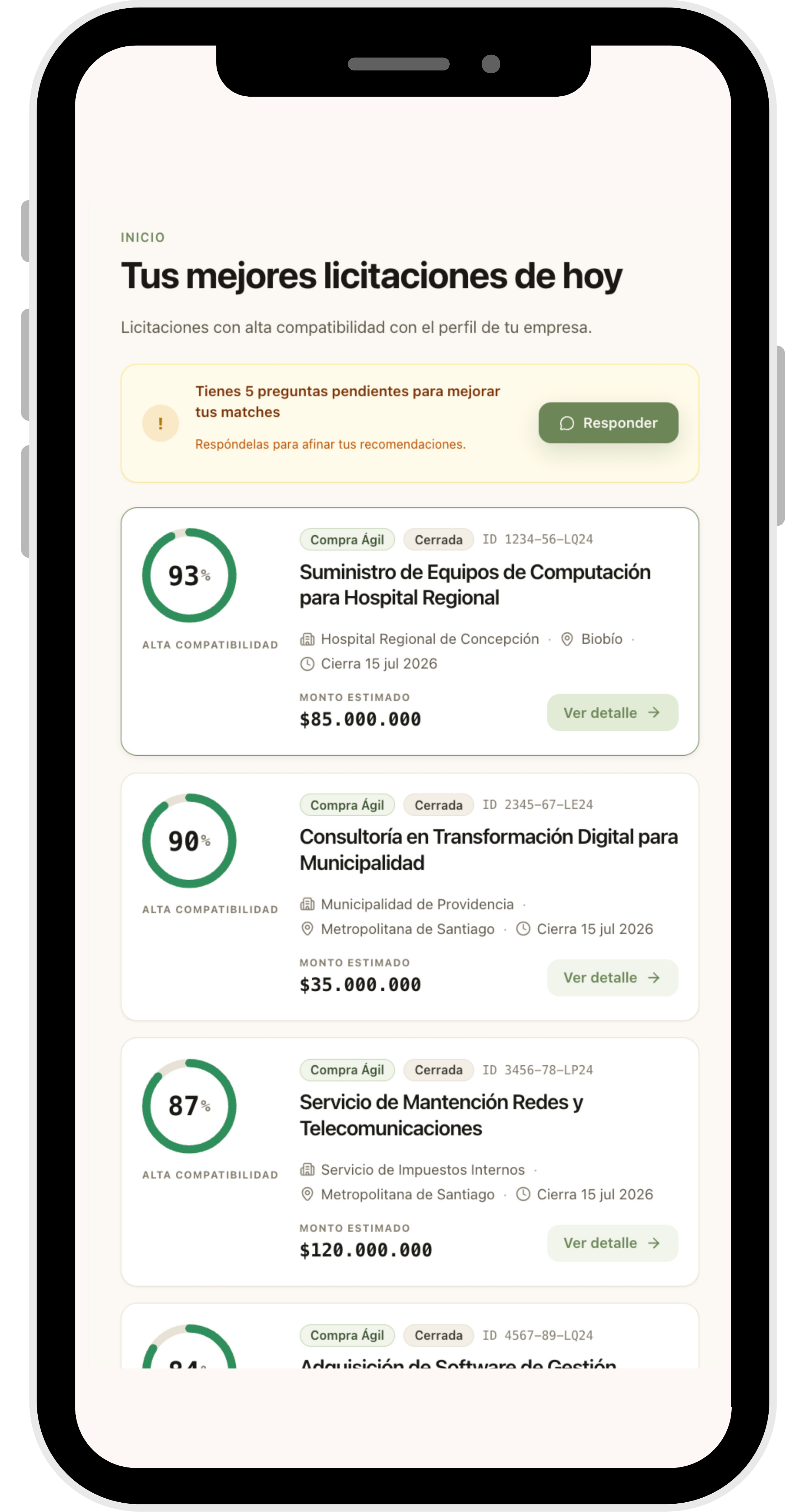 Lista de licitaciones compatibles en la app Chiripa